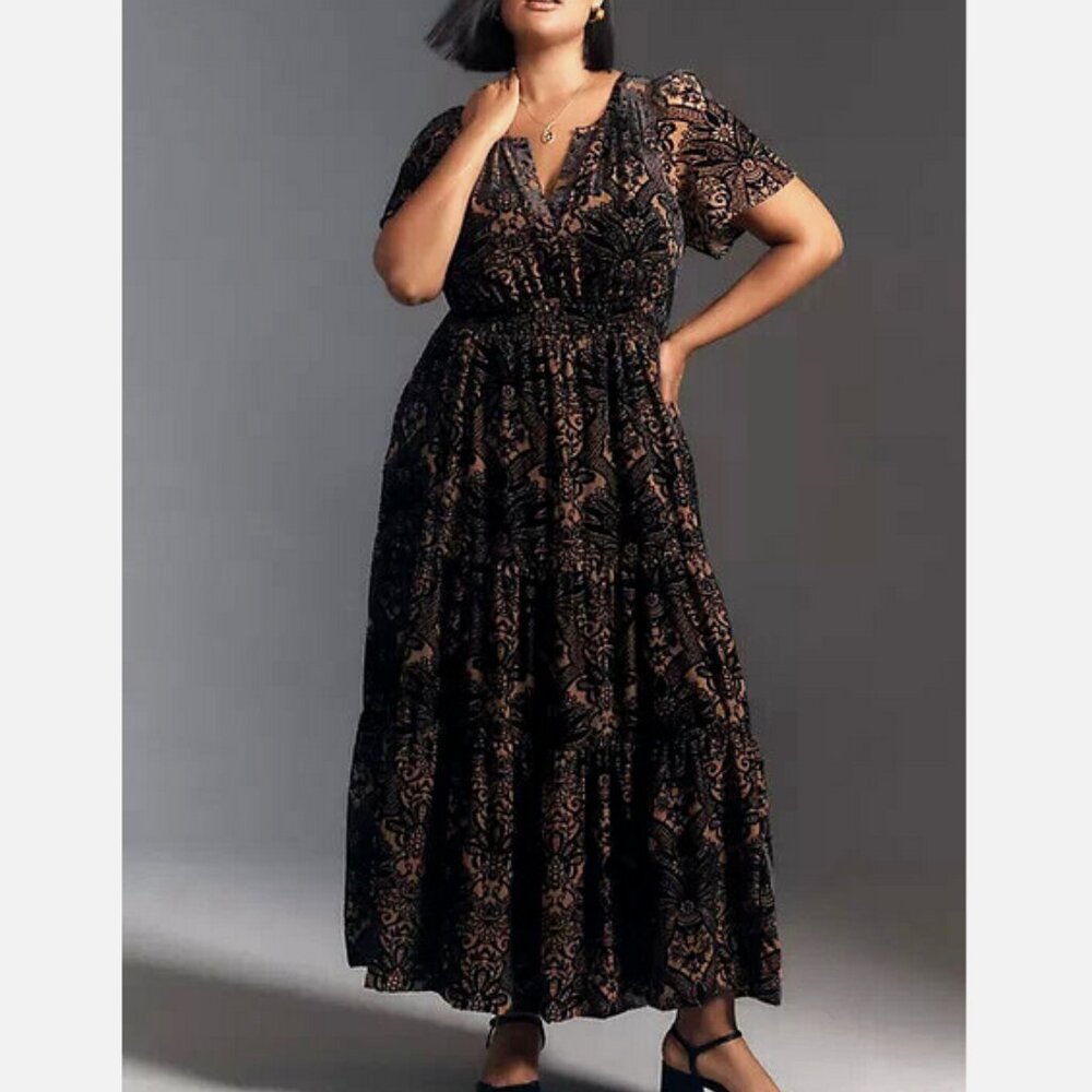 Anthropologie The Somerset Velvet Edition Maxi Dress Tiered Black M Nwt Medium - Picture 5 of 7